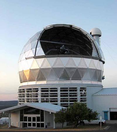 The Hobby-Eberly Telescope enclosure, with its dome open for observing and louve