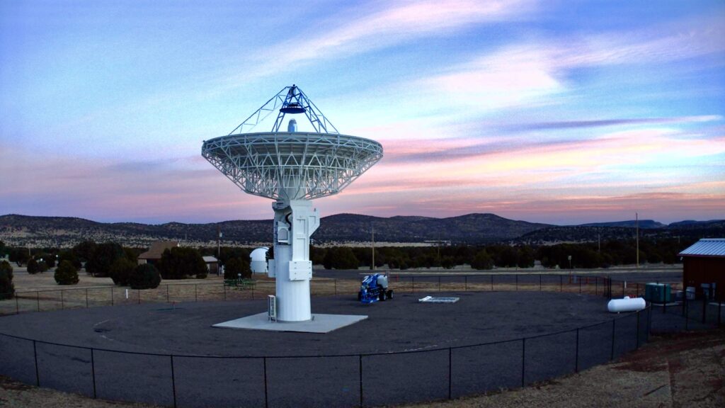 Radio dish during sunset.