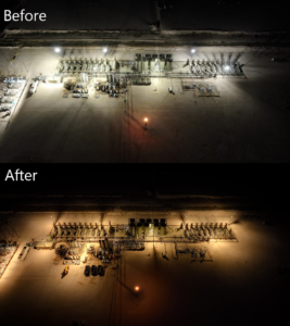 Image of oil and gas facility before and after implementing night sky friendly lighting.
