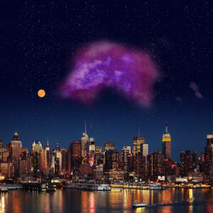 Purple cloud floating about the New York City skyline.