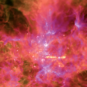 Illustration of swirlling pink gas surrounding star-forming region.