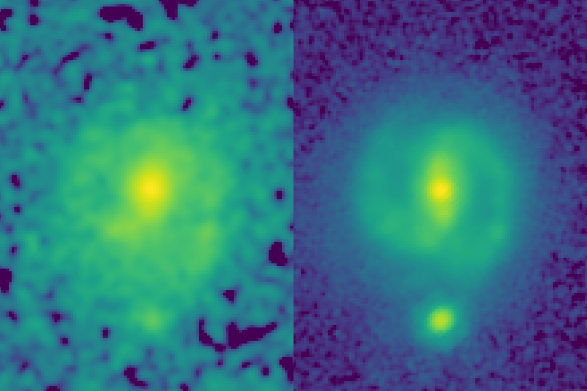 two images of the galaxy EGS23205, seen as it was about 11 billion years ago.
