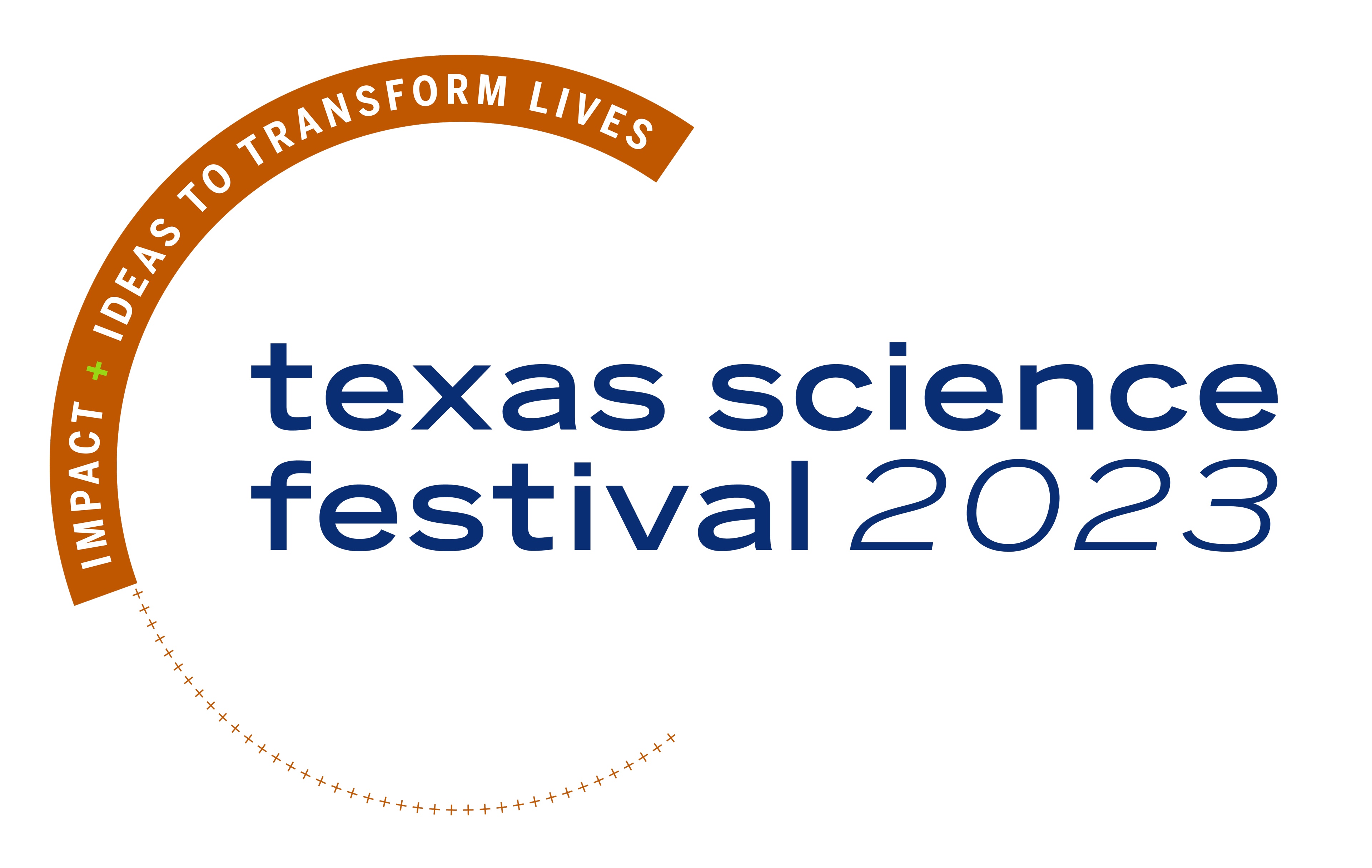 Texas Science fest logo. burnt orange semicircle around the words Texas Science fest 2023 in blue
