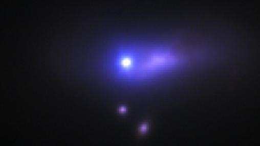 The blue-white dot at the center of this image is supernova 2012cg, seen by the 1.2-meter telescope at Fred Lawrence Whipple Observatory. This supernova is so distant that its host galaxy appears here as only an extended smear of purple light. Credit: Peter Challis/Harvard-Smithsonian CfA