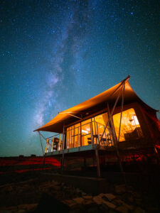 Milky Way over a luxury tent.