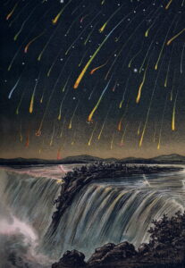 Illustration of meteors falling in the sky.