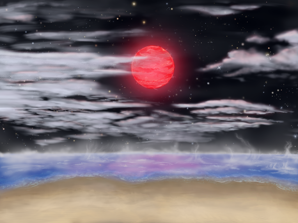 Illustration of a shoreline with a big red sun in the sky.