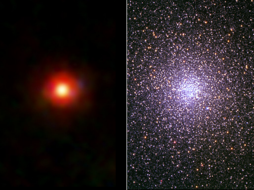 A little red dot to the left and a large cloud of stars to the right.